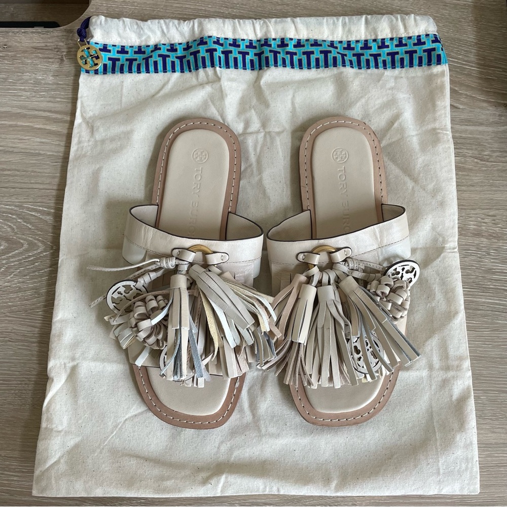 Tory Burch Miller Tassel Slide New Cream Size 6 Leather Neutral Luxury Coastal